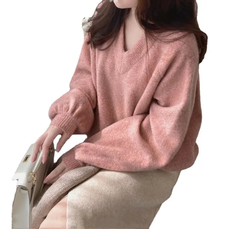 Pink V-neck Loose Sweater Women Winter Long Sleeve