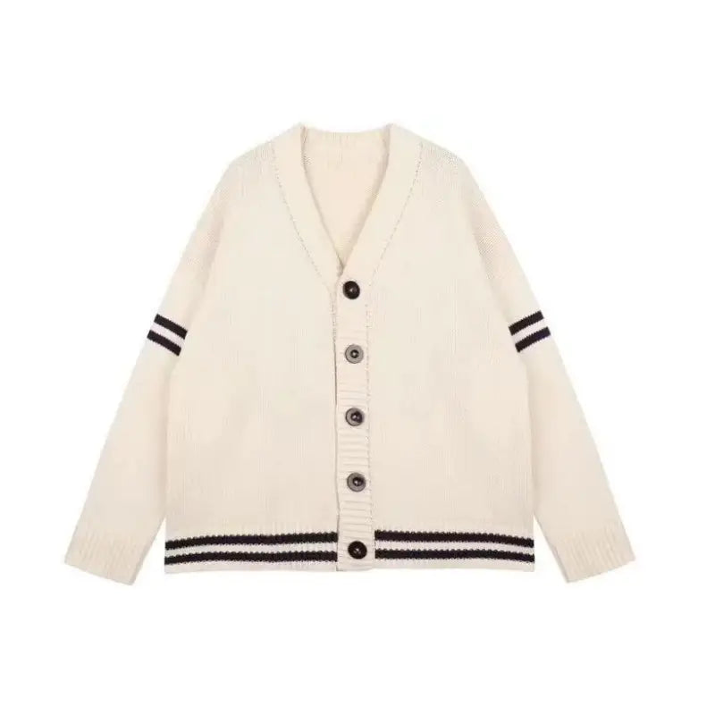 Women Loose Knitted Cardigan Cream Striped Winter Sweater