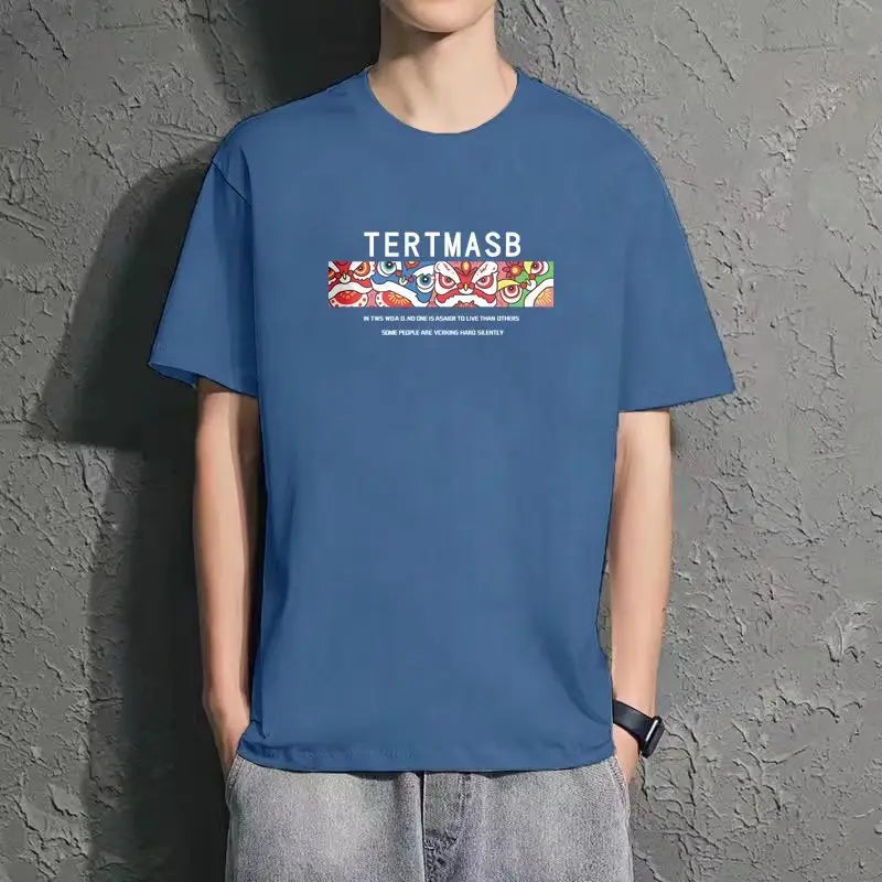 Men Loose Fit Printed T-Shirt Summer Blue