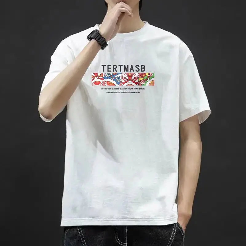 Men Loose Fit Printed T-Shirt Summer Blue