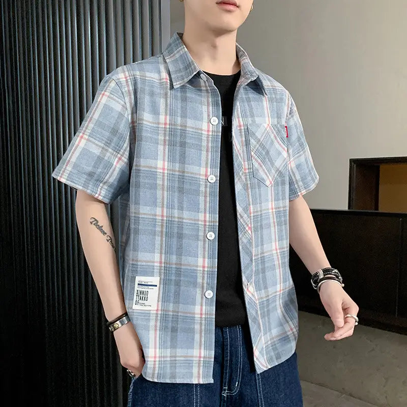 Men Plaid Short Sleeve Casual Shirt Summer