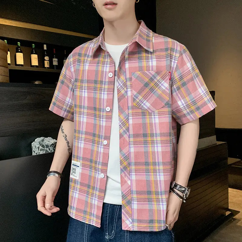 Men Plaid Short Sleeve Casual Shirt Summer