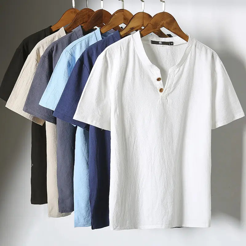 Men's Cotton Linen Henley Shirt Summer White