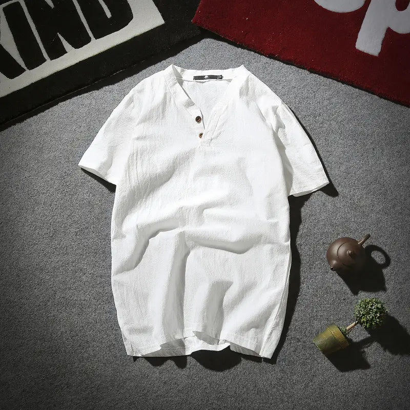 Men's Cotton Linen Henley Shirt Summer White