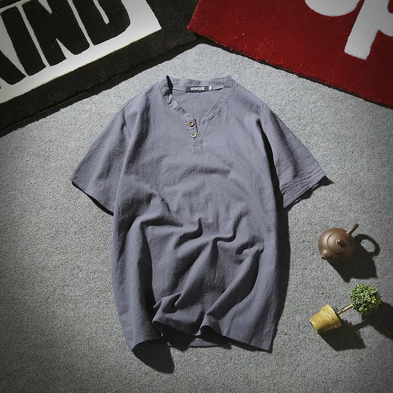 Men's Cotton Linen Henley Shirt Summer White