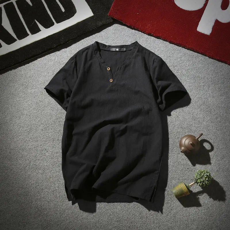 Men's Cotton Linen Henley Shirt Summer White