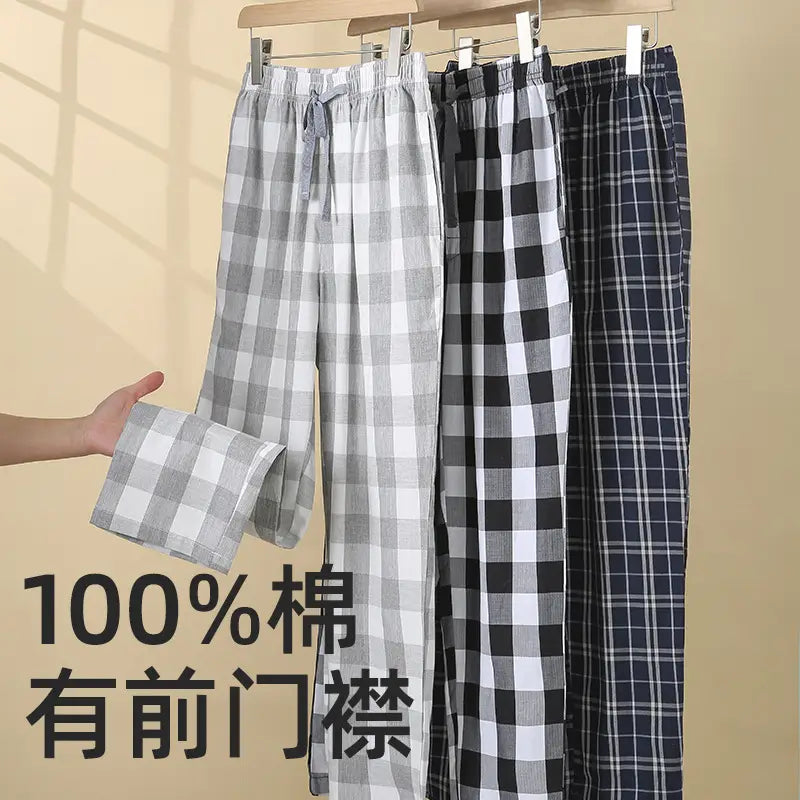 Men Loose Plaid Cotton Pajama Pants with Front Pocket
