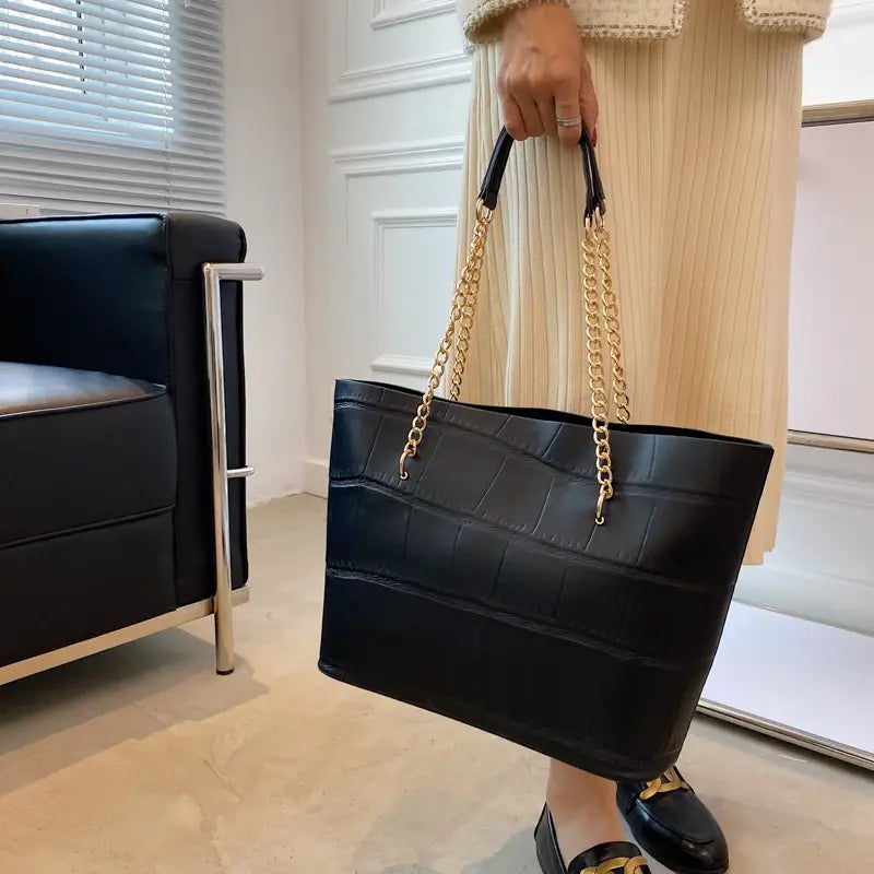 White Croc Textured PU Tote Bag with Gold Chain Strap