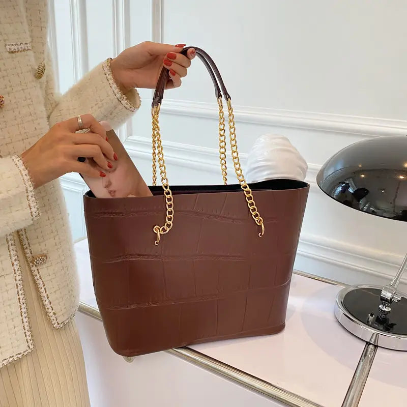 White Croc Textured PU Tote Bag with Gold Chain Strap