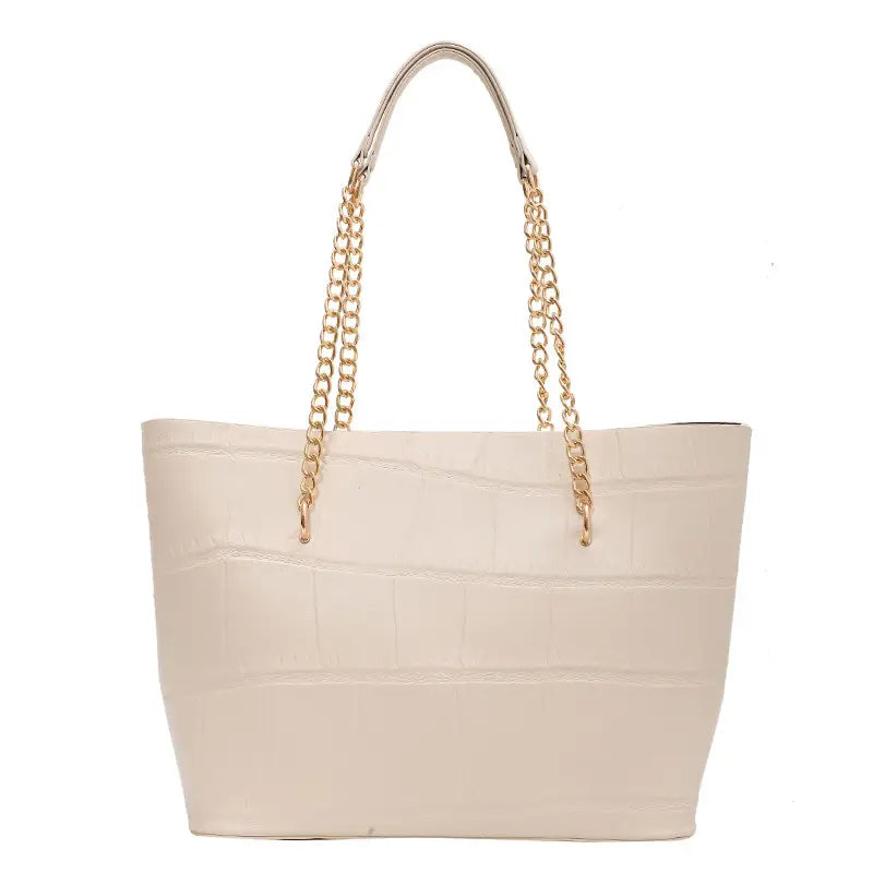 White Croc Textured PU Tote Bag with Gold Chain Strap