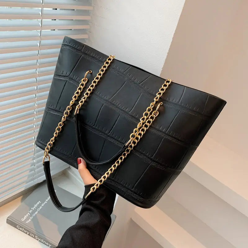 White Croc Textured PU Tote Bag with Gold Chain Strap