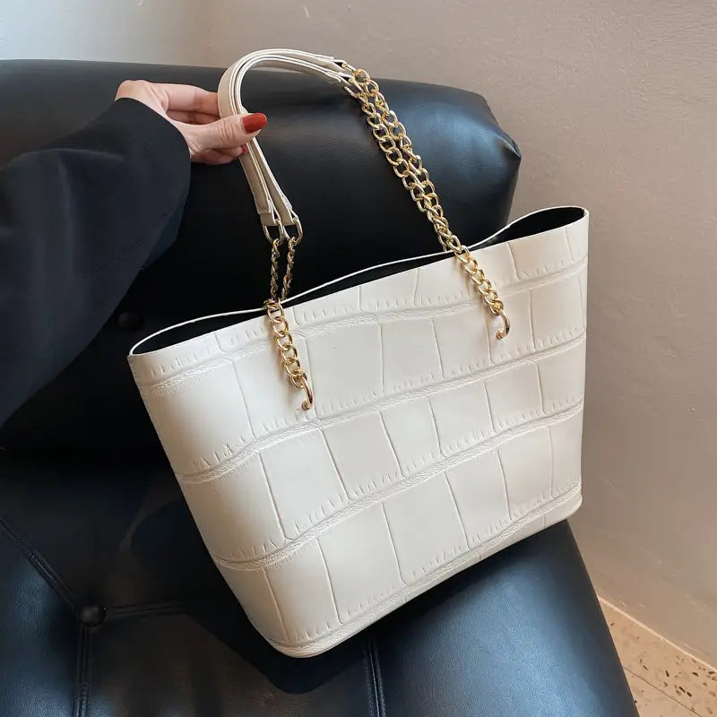 White Croc Textured PU Tote Bag with Gold Chain Strap