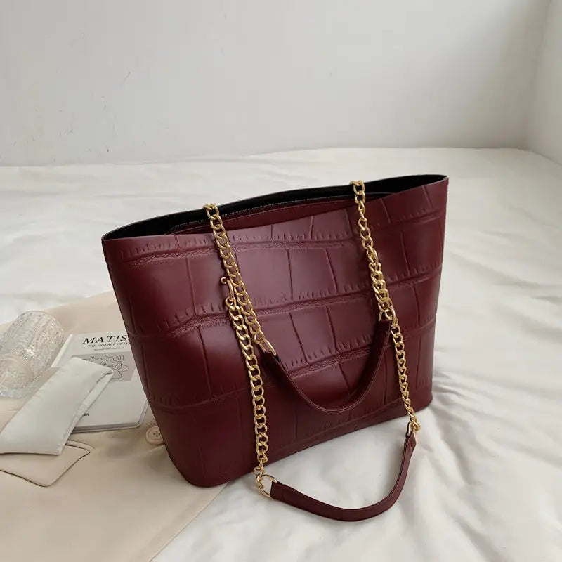 White Croc Textured PU Tote Bag with Gold Chain Strap