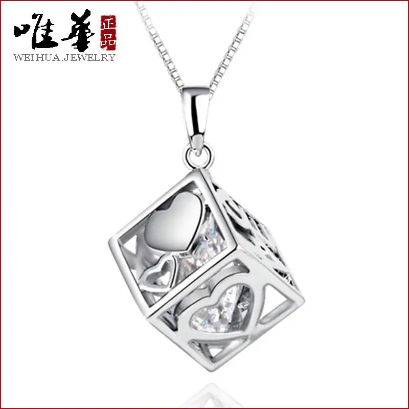 Women Korean Style Rubik's Cube Pendant Necklace White Gold Plated