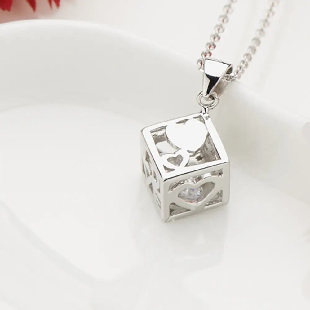 Women Korean Style Rubik's Cube Pendant Necklace White Gold Plated