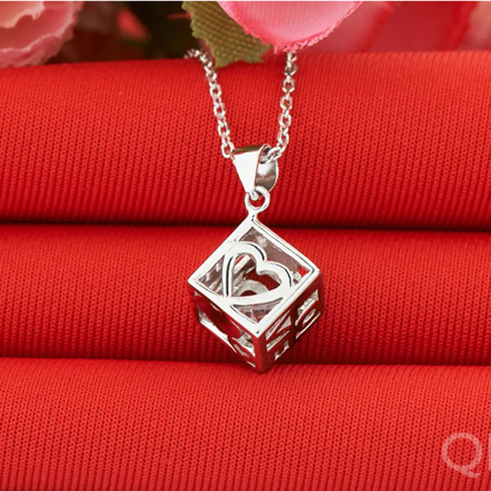 Women Korean Style Rubik's Cube Pendant Necklace White Gold Plated