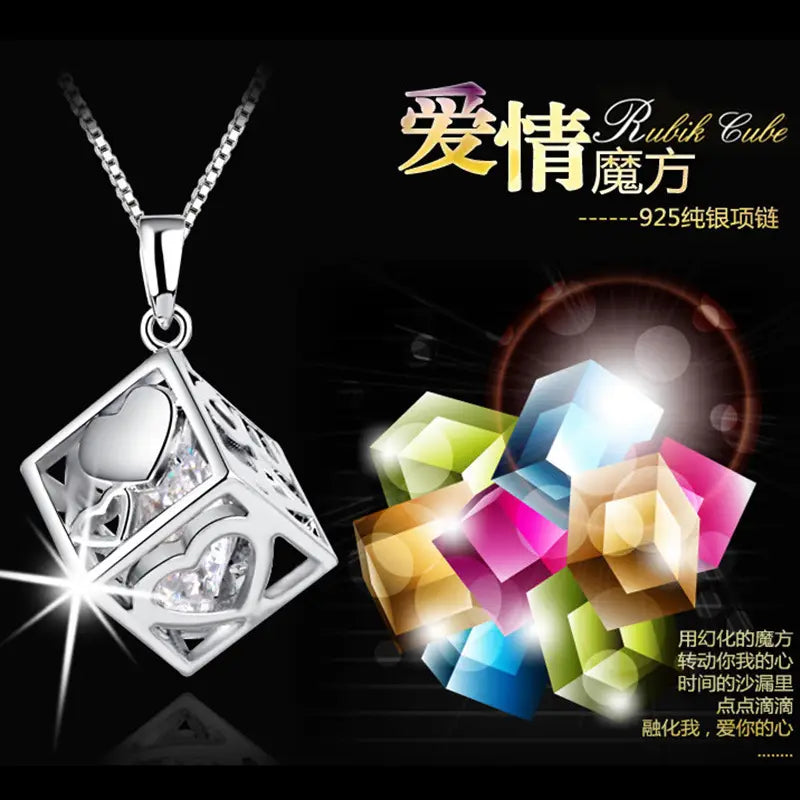 Women Korean Style Rubik's Cube Pendant Necklace White Gold Plated