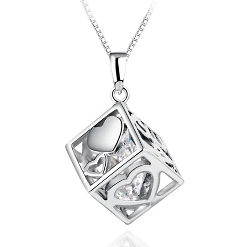 Women Korean Style Rubik's Cube Pendant Necklace White Gold Plated
