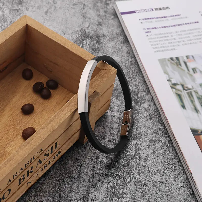 Black Silicone Bracelet with Silver Clasp for Men Women