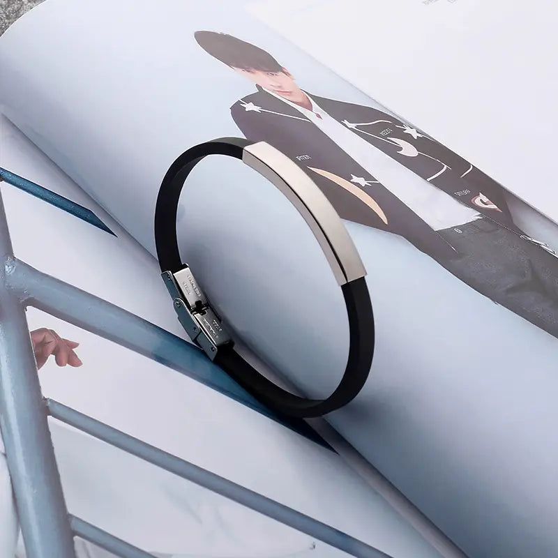 Black Silicone Bracelet with Silver Clasp for Men Women