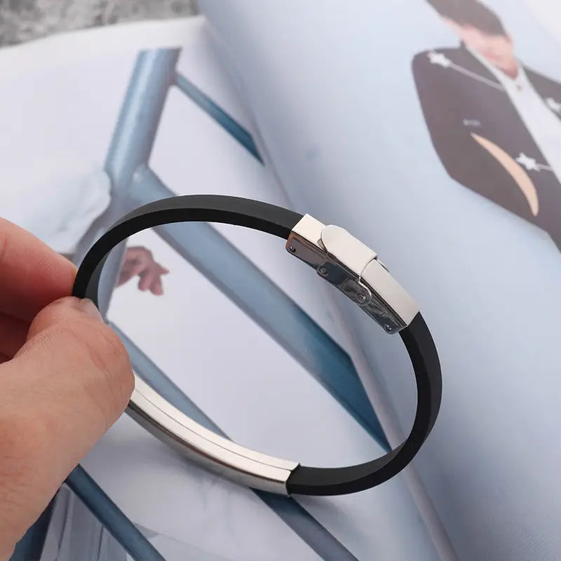 Black Silicone Bracelet with Silver Clasp for Men Women