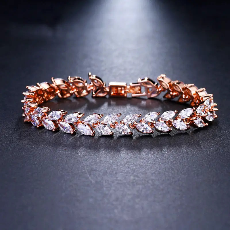Zircon Rice Bracelet for Women, Silver, Wicker Leaf Design