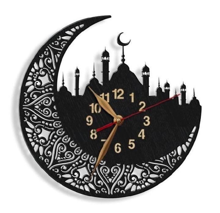 Islamic Wooden Wall Clock with Crescent Moon & Mosque Design