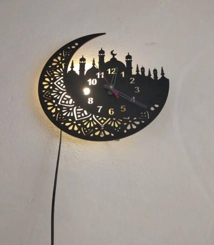 Islamic Wooden Wall Clock with Crescent Moon & Mosque Design