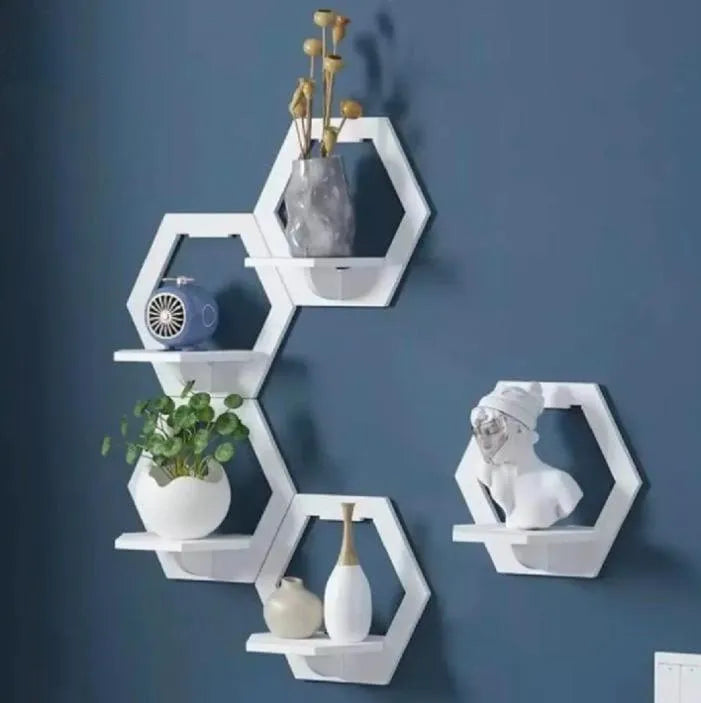 Modern Hexagon Wall Shelves White Floating Decor - 5 Pcs