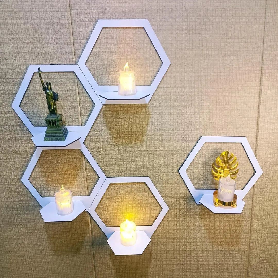 Modern Hexagon Wall Shelves White Floating Decor - 5 Pcs