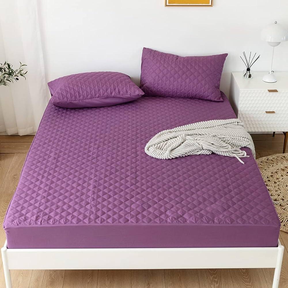 Purple Quilted Mattress Cover Waterproof Double Bed