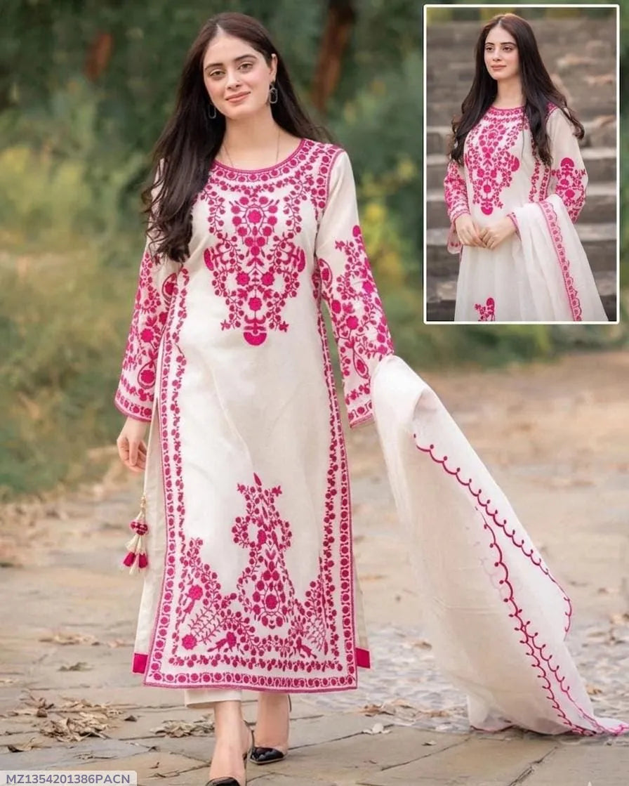 3 Pcs Women's Stitched Organza Embroidered Suit