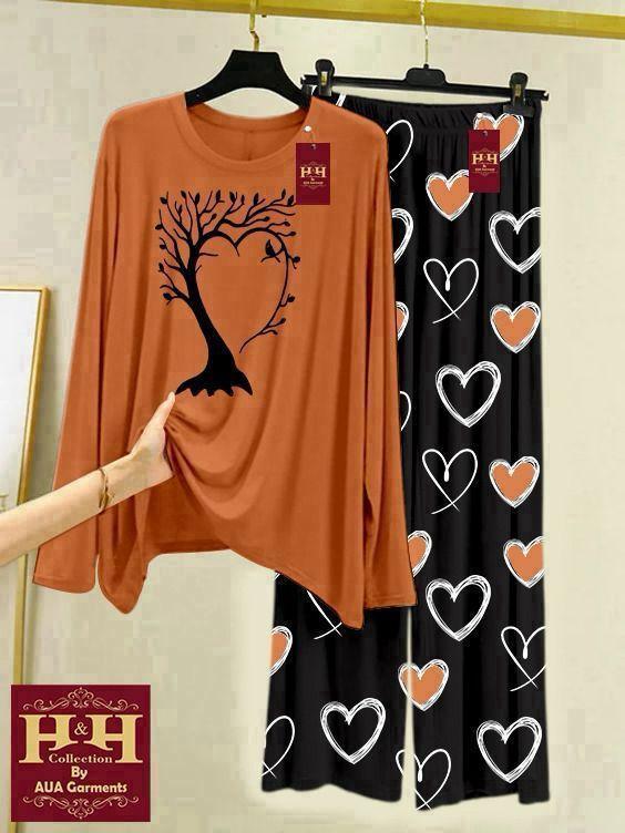 Men Printed Cotton Night Suit Brown Heart Design