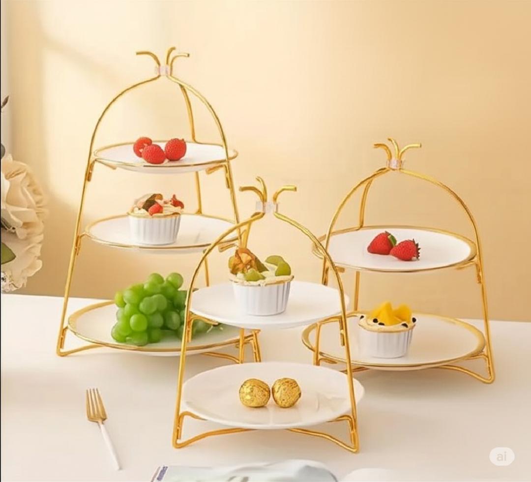Golden 3-Tier Fruit & Dessert Stand with Iron Construction