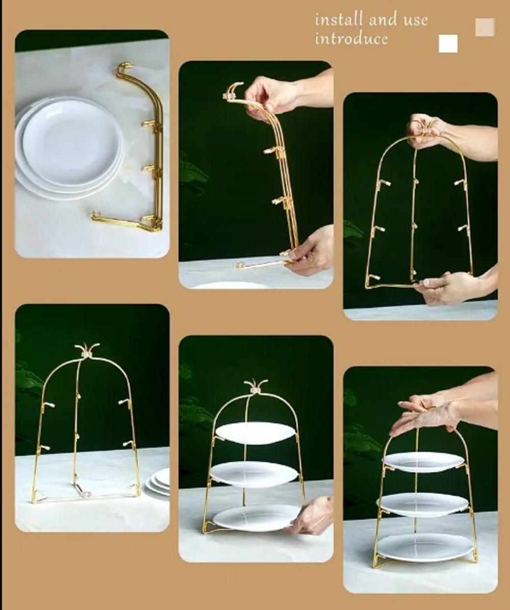 Golden 3-Tier Fruit & Dessert Stand with Iron Construction