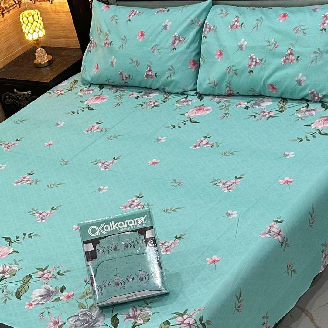 Double Bedsheet Set Blue Floral Cotton Mix 3 Pcs