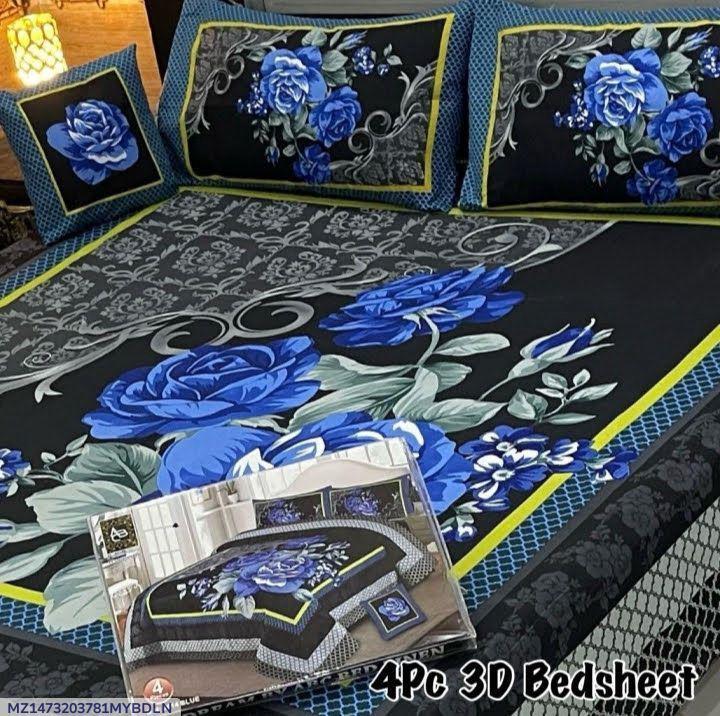 4Pcs 3D Crystal Cotton Blue Floral Bedsheet Set