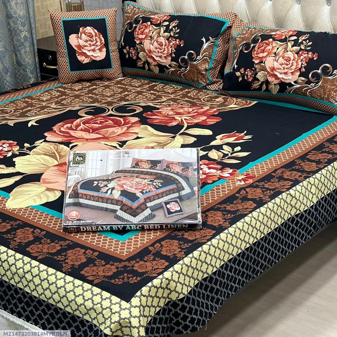Crystal Cotton Floral Double Bedsheet Set Black 4Pc