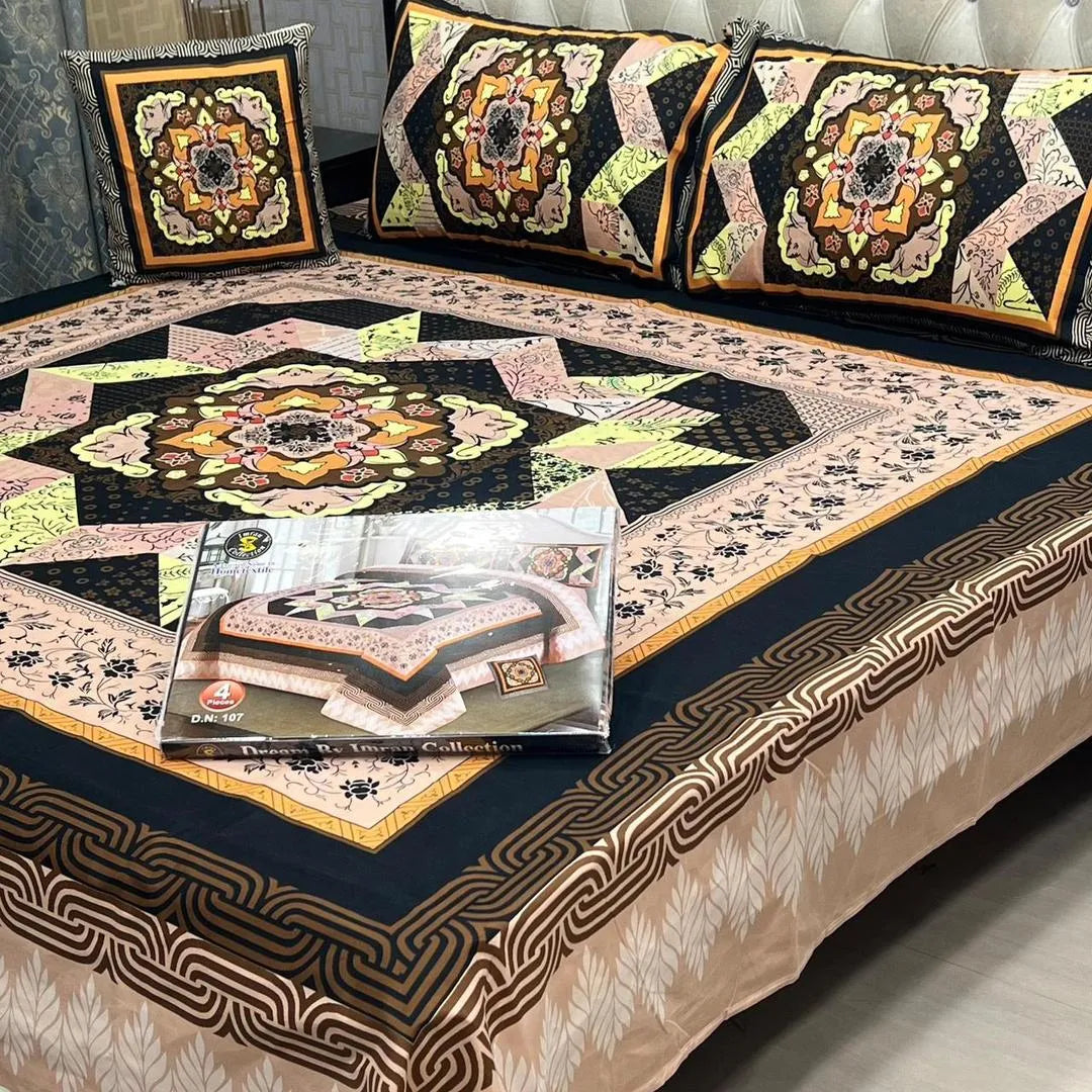 Crystal Cotton Printed Double Bedsheet Set Brown Geometric Floral