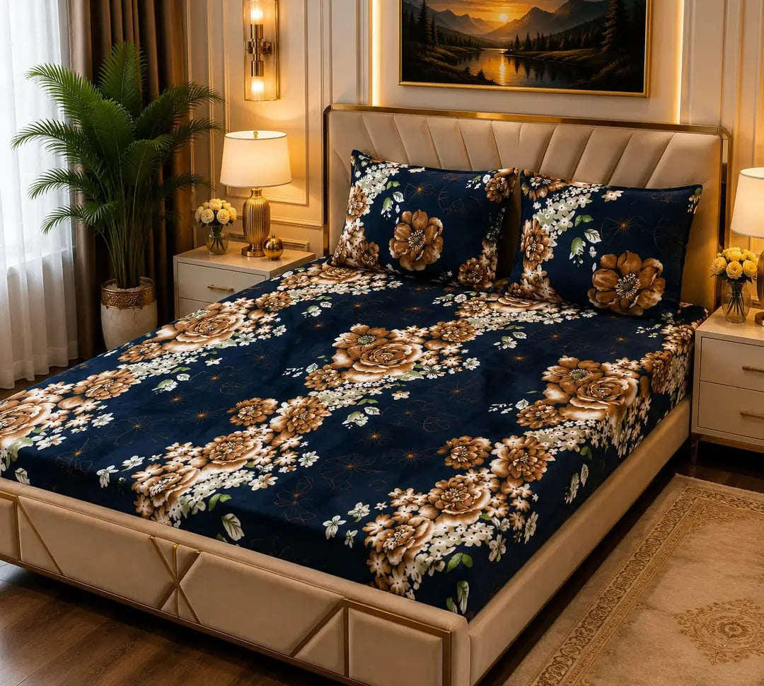 Stylish 3 Pcs Fleece Printed Double Bedsheet