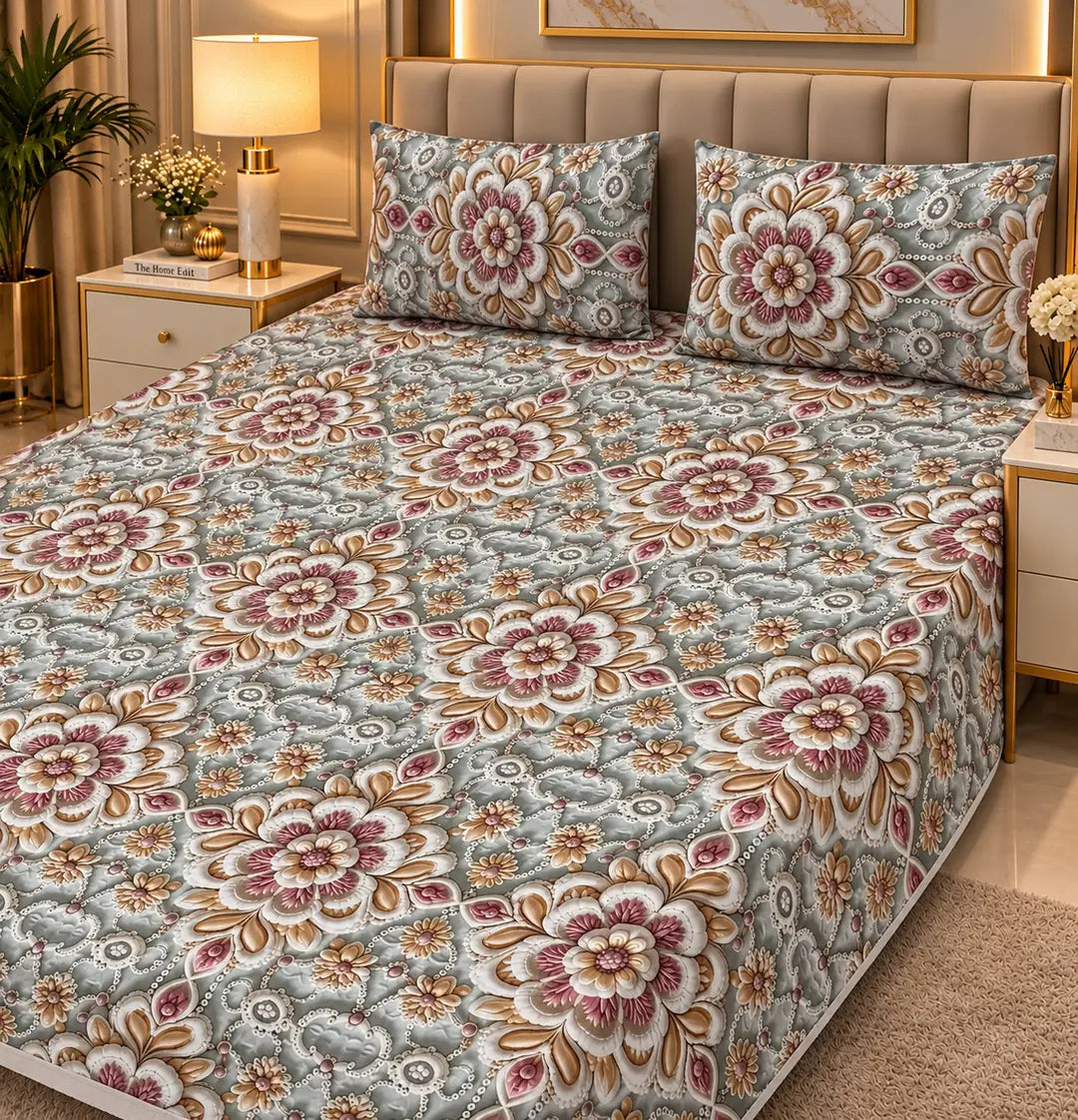 Elegant 3 Pcs Micro Cotton Printed 9D Double Bedsheet