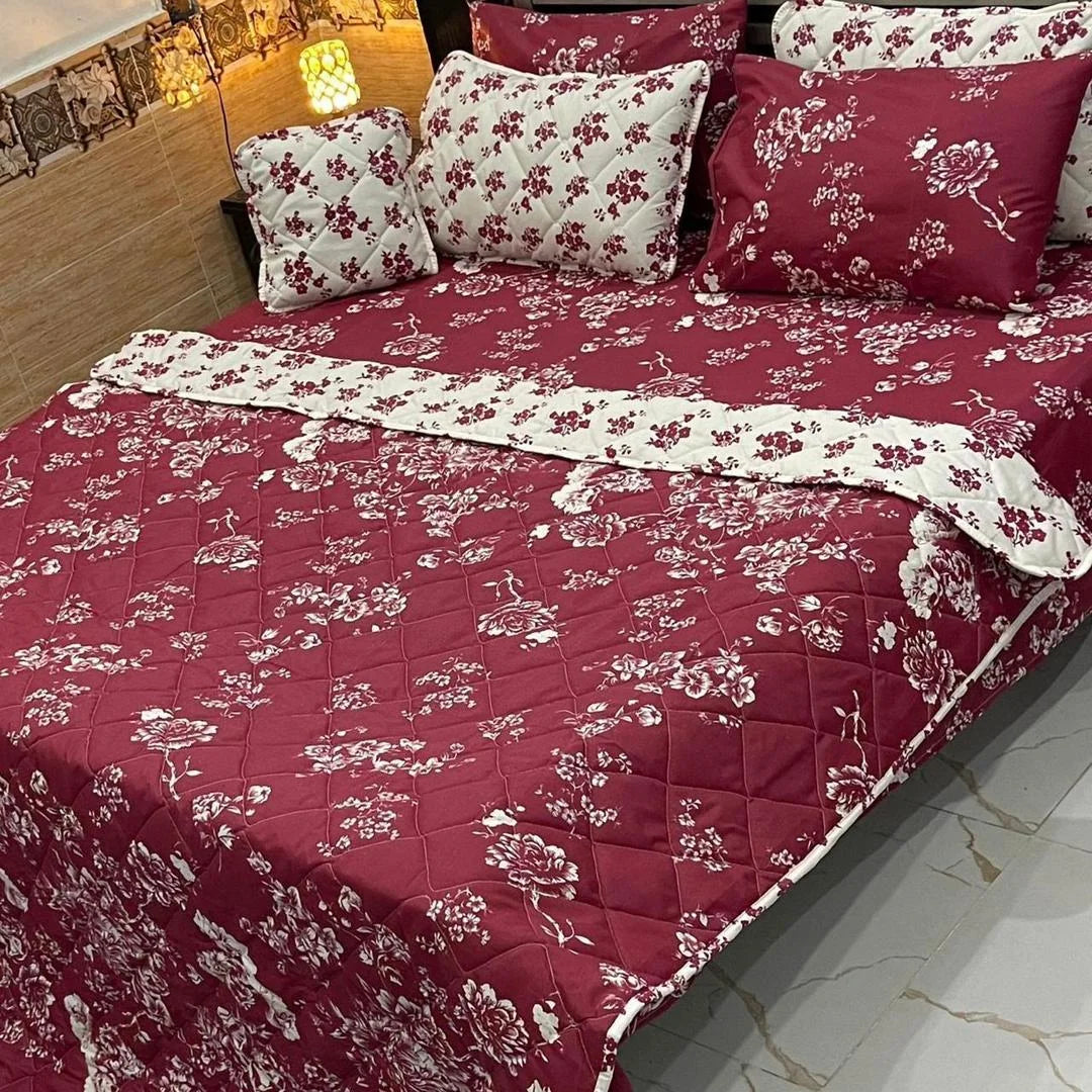 Maroon Floral 7-Piece Cotton Comforter Set for Double Bed