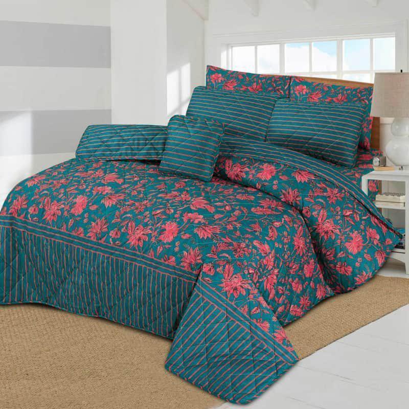 7-Piece Cotton Salonica Floral Comforter Set Green Red Double Bed