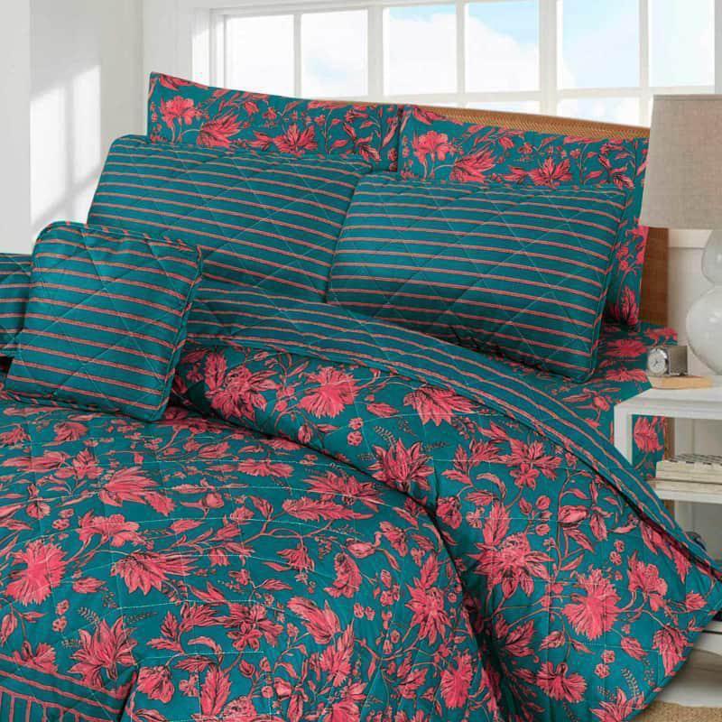 7-Piece Cotton Salonica Floral Comforter Set Green Red Double Bed
