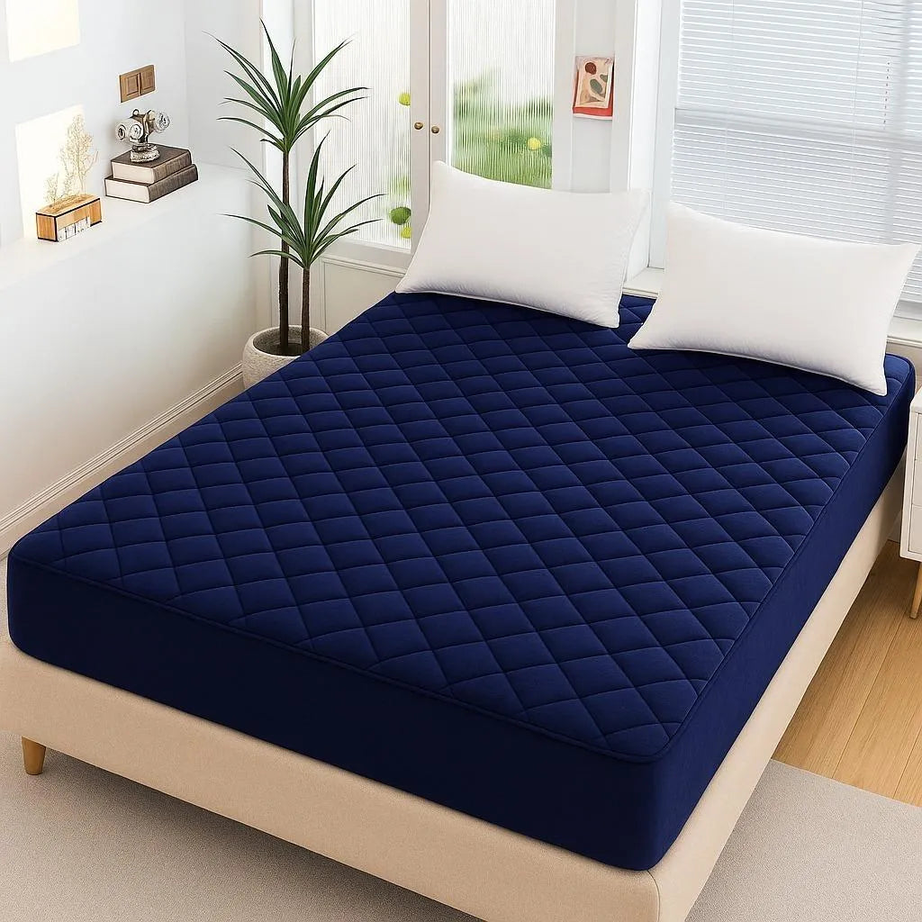 Blue Quilted Micro Double Bed Mattress Cover