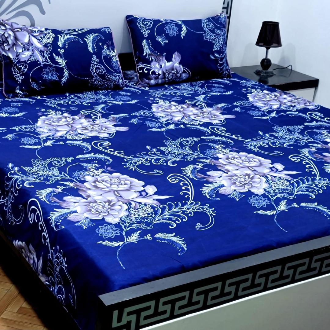 Crystal Cotton Floral Bedsheet Set Royal Blue Double Size