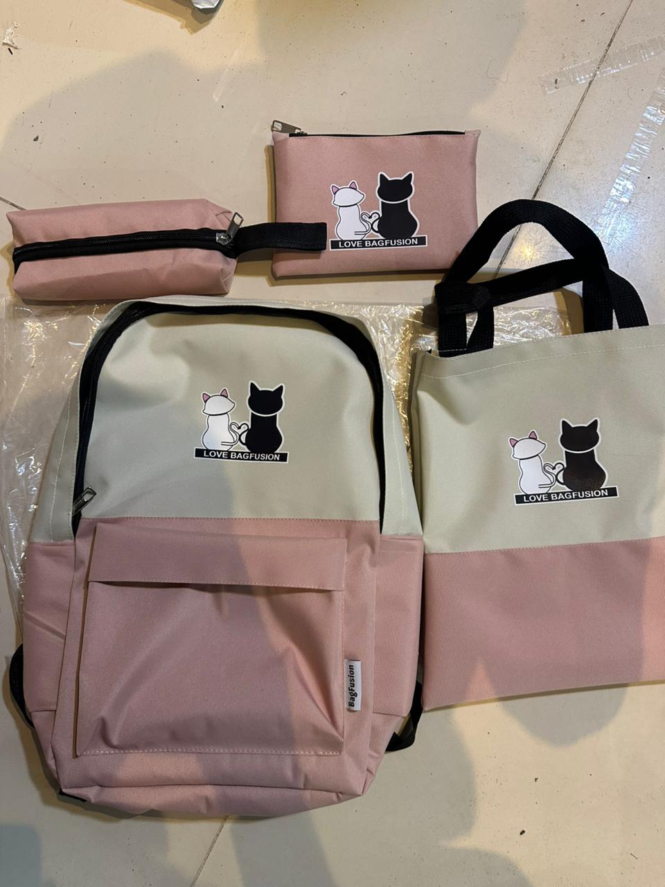 Cute Cat Print 4-In-1 School Bag Set For Girls – Backpack, Handbag, Crossbody Pouch, Pencil Case & Lunch Bag Stylish Combo Black