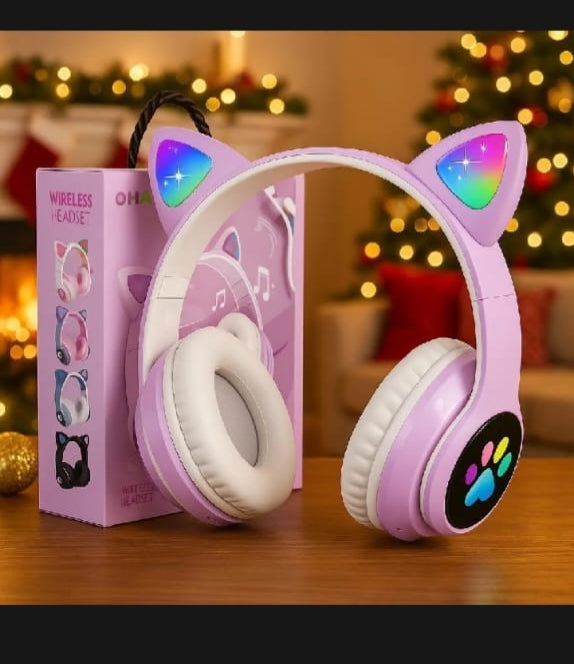 Cat Ear Wireless Bluetooth Headphones With RGB LED Lights & Built-In Mic – Stereo Bass Sound, Bluetooth & AUX Mode, Adjustable Over-Ear Headset For Kids, Teens & Girls