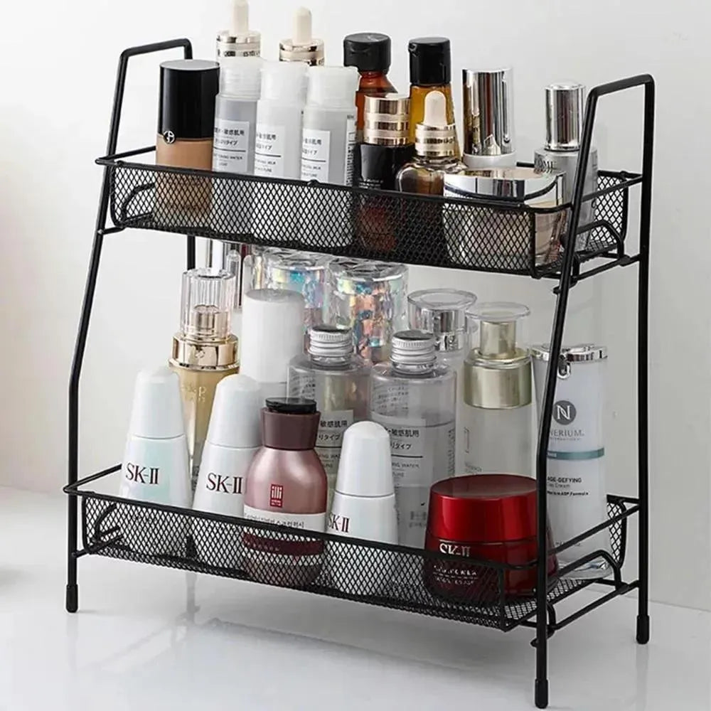 Two Tiered Black Mesh Desk Organizer Stainless Steel