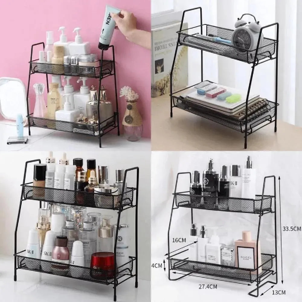 Two Tiered Black Mesh Desk Organizer Stainless Steel